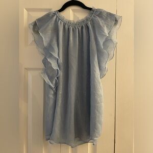 LOFT Light Blue Shimmer Ruffle Blouse
